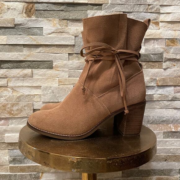 TOMS Brown Suede Ankle Boots | Lace Wrap, Block Heel, Size 8.5, Worn 1x - Picture 5 of 9